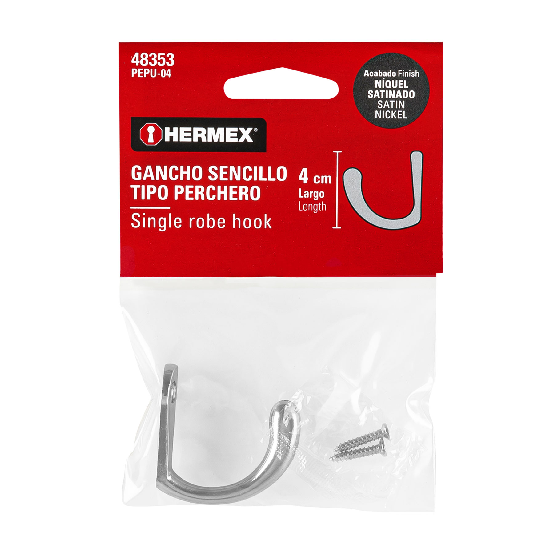 Gancho sencillo tipo perchero, 4 cm, níquel satinado, HERMEX - Imagen 5