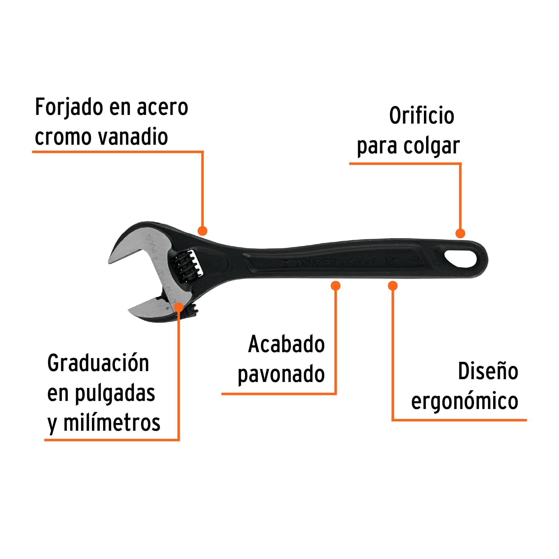 Llave ajustable (perico) 12' profesional pavonada, EXPERT - Imagen 3