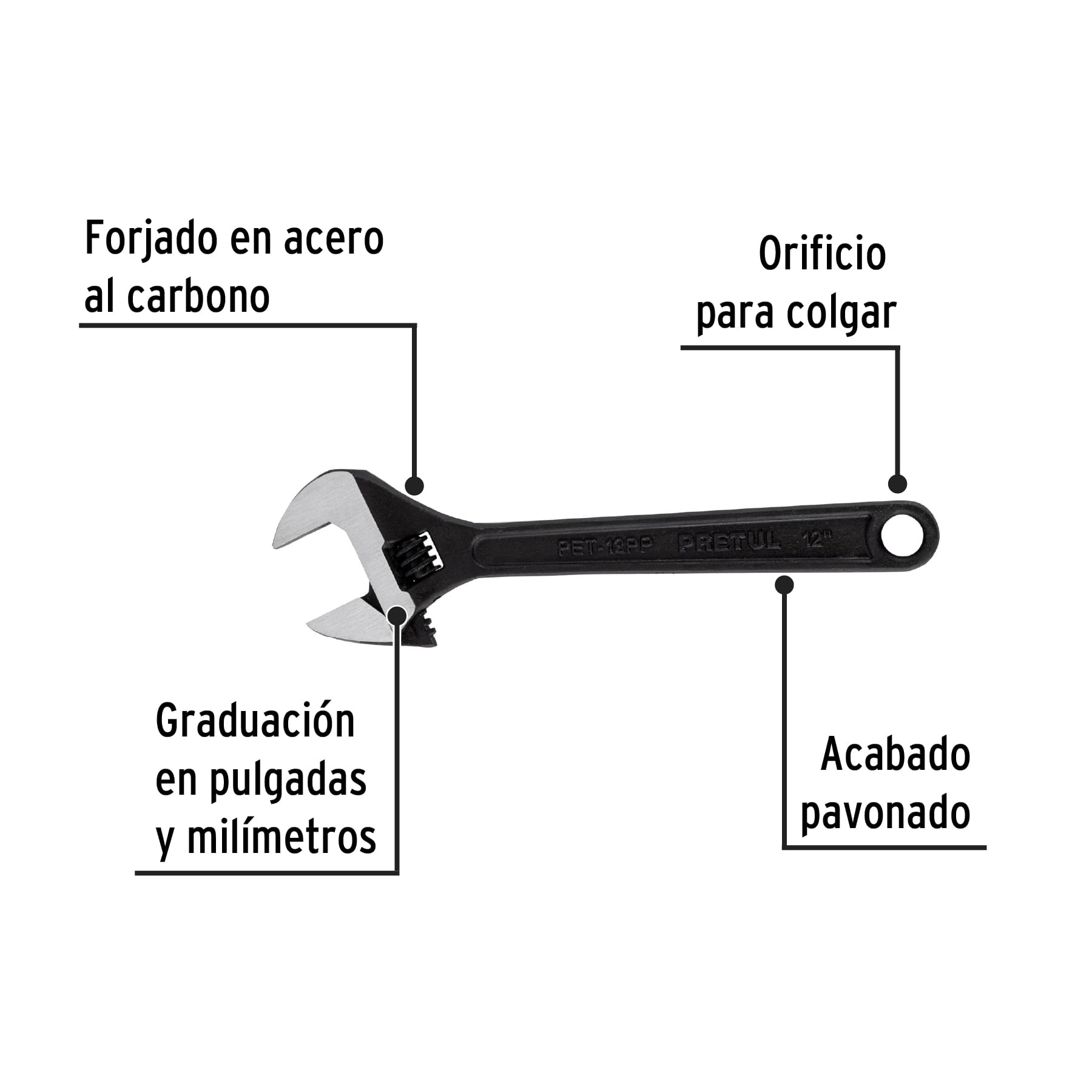 Llave ajustable (perico) 12' pavonada, PRETUL - Imagen 3