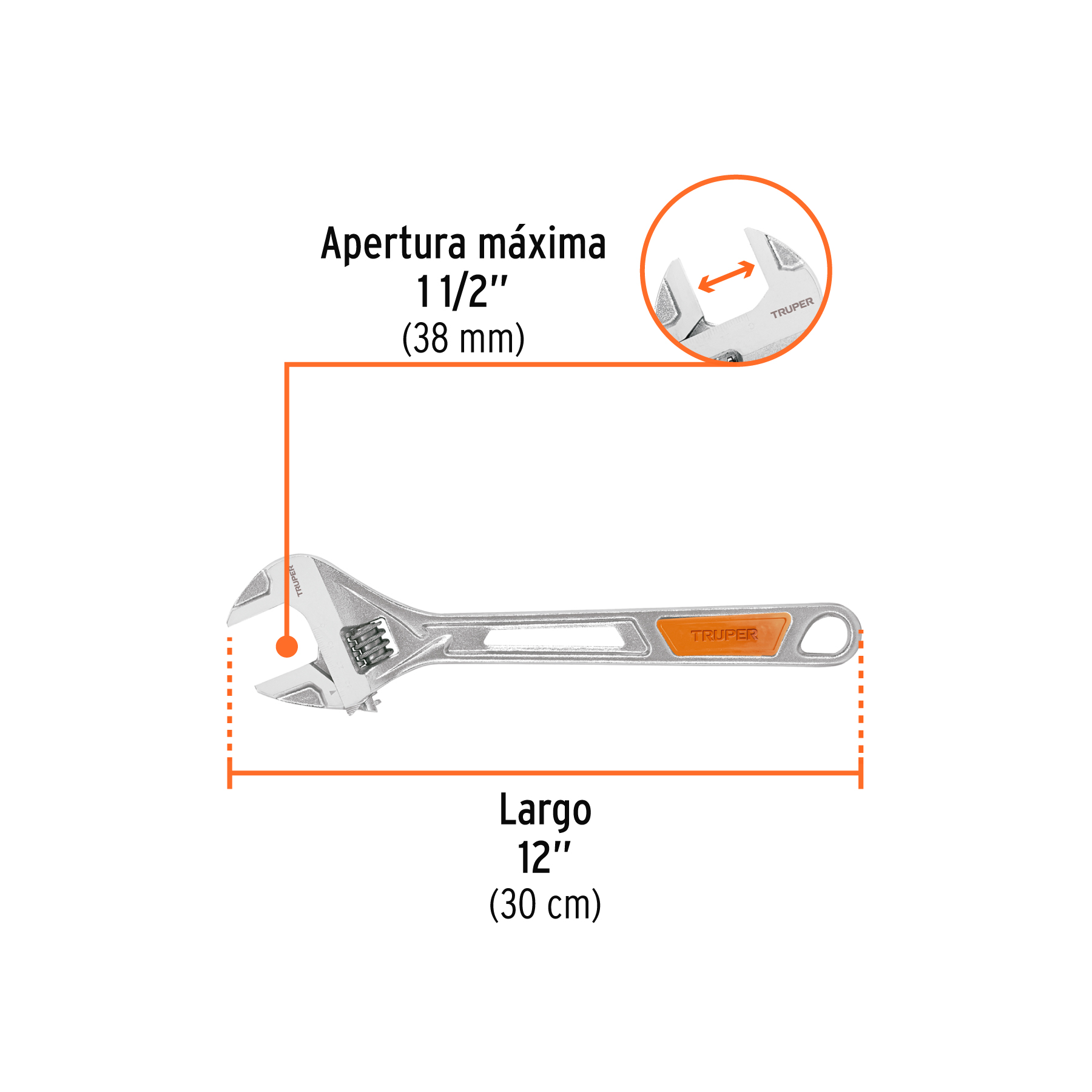 Llave ajustable (perico) 12' cromada, TRUPER - Imagen 4