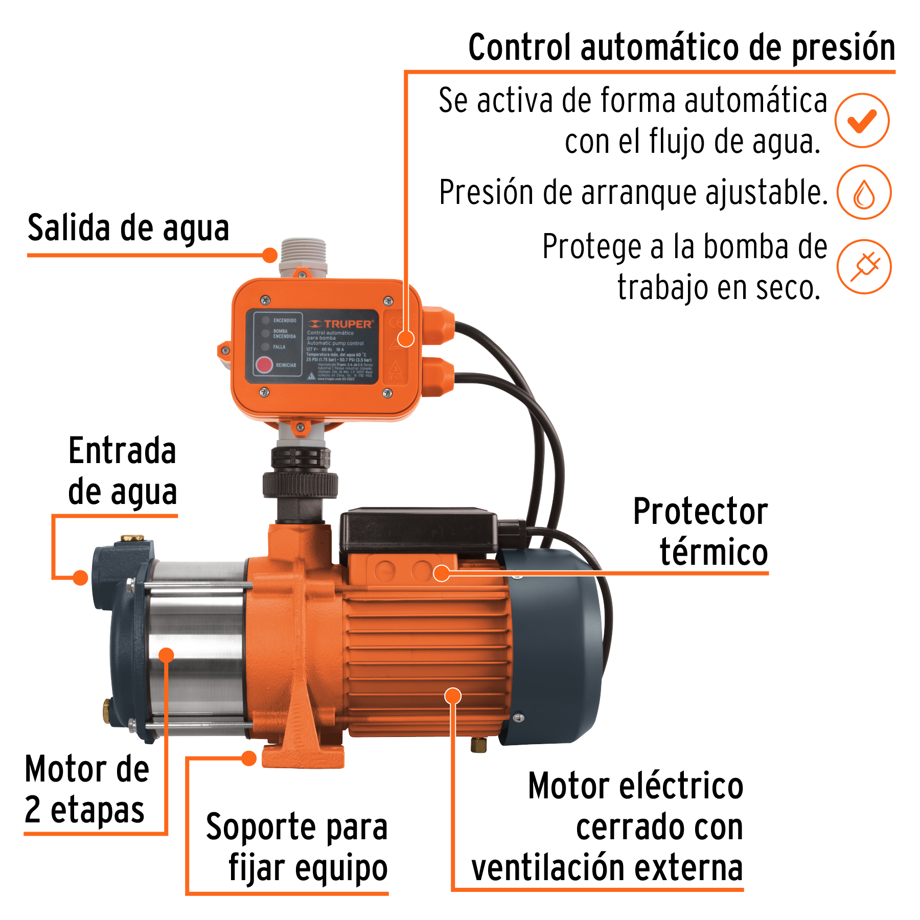 Bomba presurizadora multietapas 1/2 HP con control, TRUPER - Imagen 3