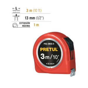 Flexómetro rojo 3 m cinta 13 mm, en tarjeta, PRETUL - Imagen 4