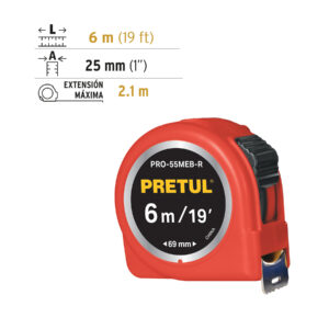 Flexómetro rojo 6 m cinta 25 mm, en tarjeta, PRETUL - Imagen 4