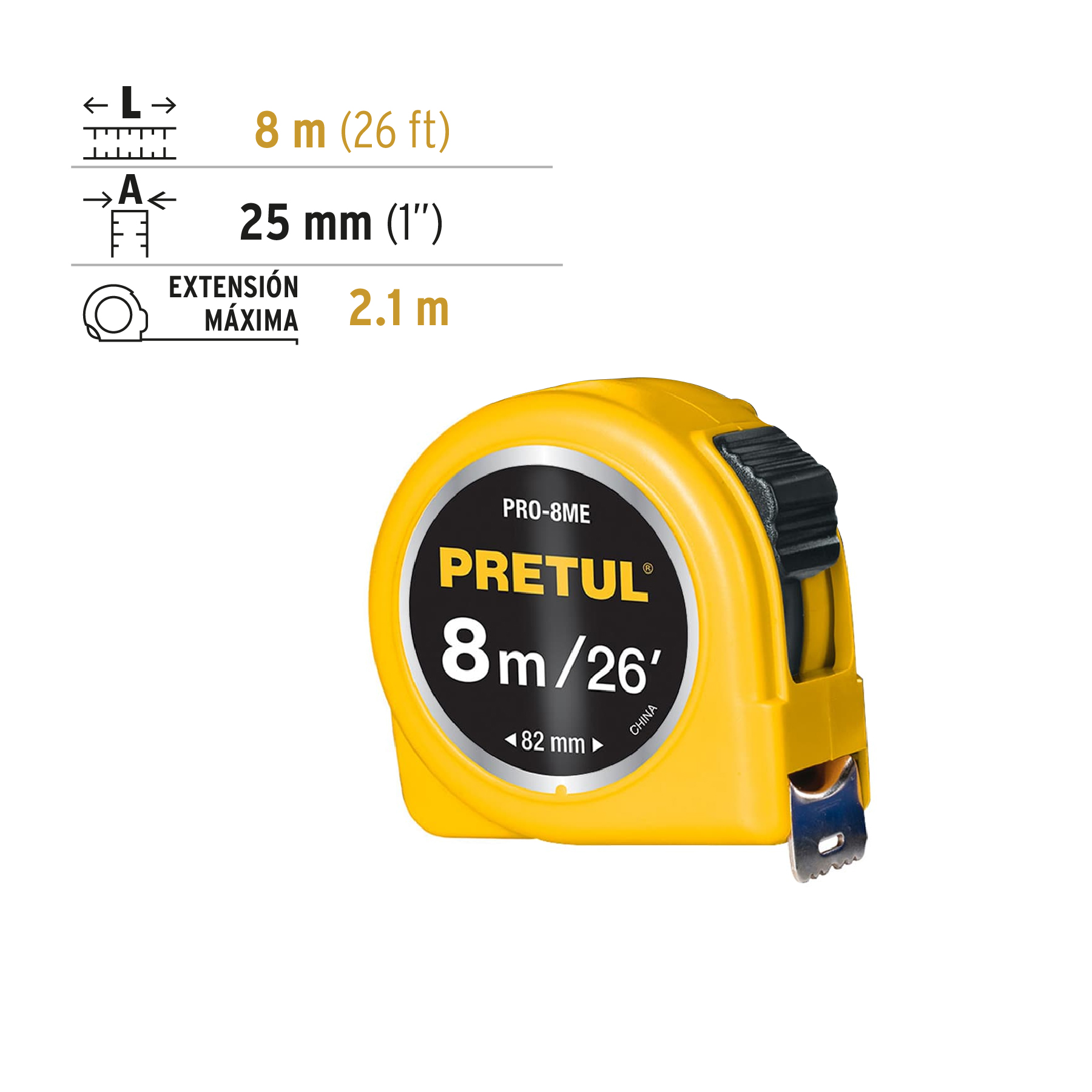 Flexómetro amarillo 8 m cinta 25 mm, en tarjeta, PRETUL - Imagen 4