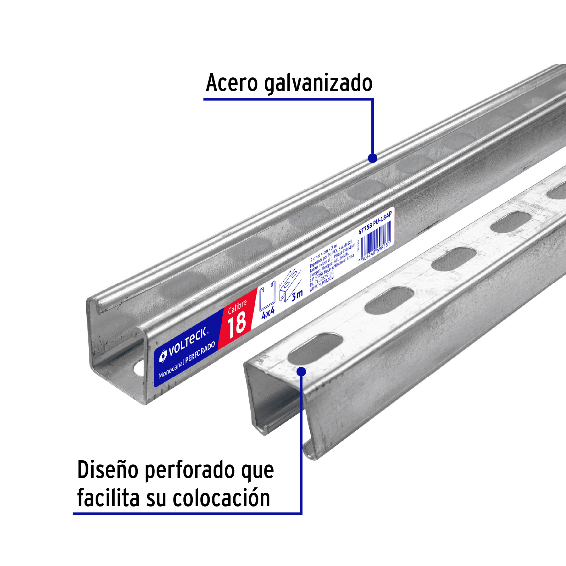 Perfil monocanal perforado de 3 m, 4 x 4 cm cal. 18, VOLTECK - Imagen 3