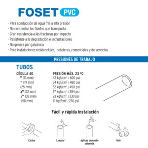 Tubo de 1-1/4' PVC hidráulico cédula 40, 3m, 1.9kg, FOSET - Imagen 5