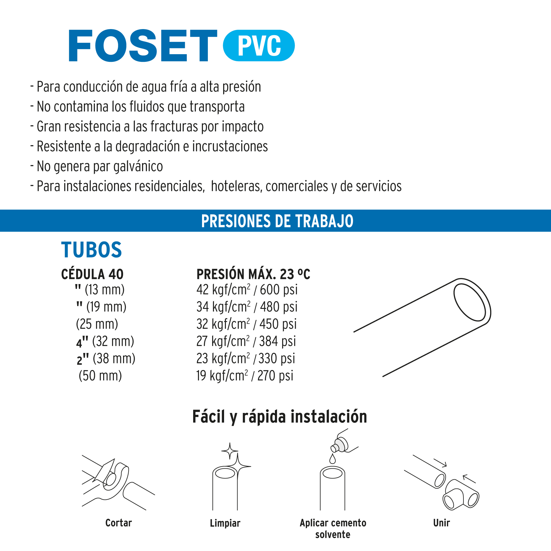 Tubo de 1-1/4' PVC hidráulico RD 26, 3m, 0.9kg, FOSET - Imagen 5