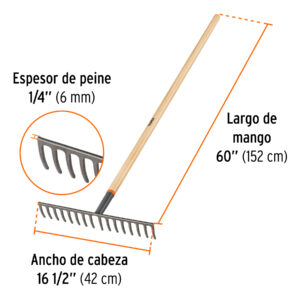 Rastrillo recto de 16 dientes, mango de 60', TRUPER - Imagen 4