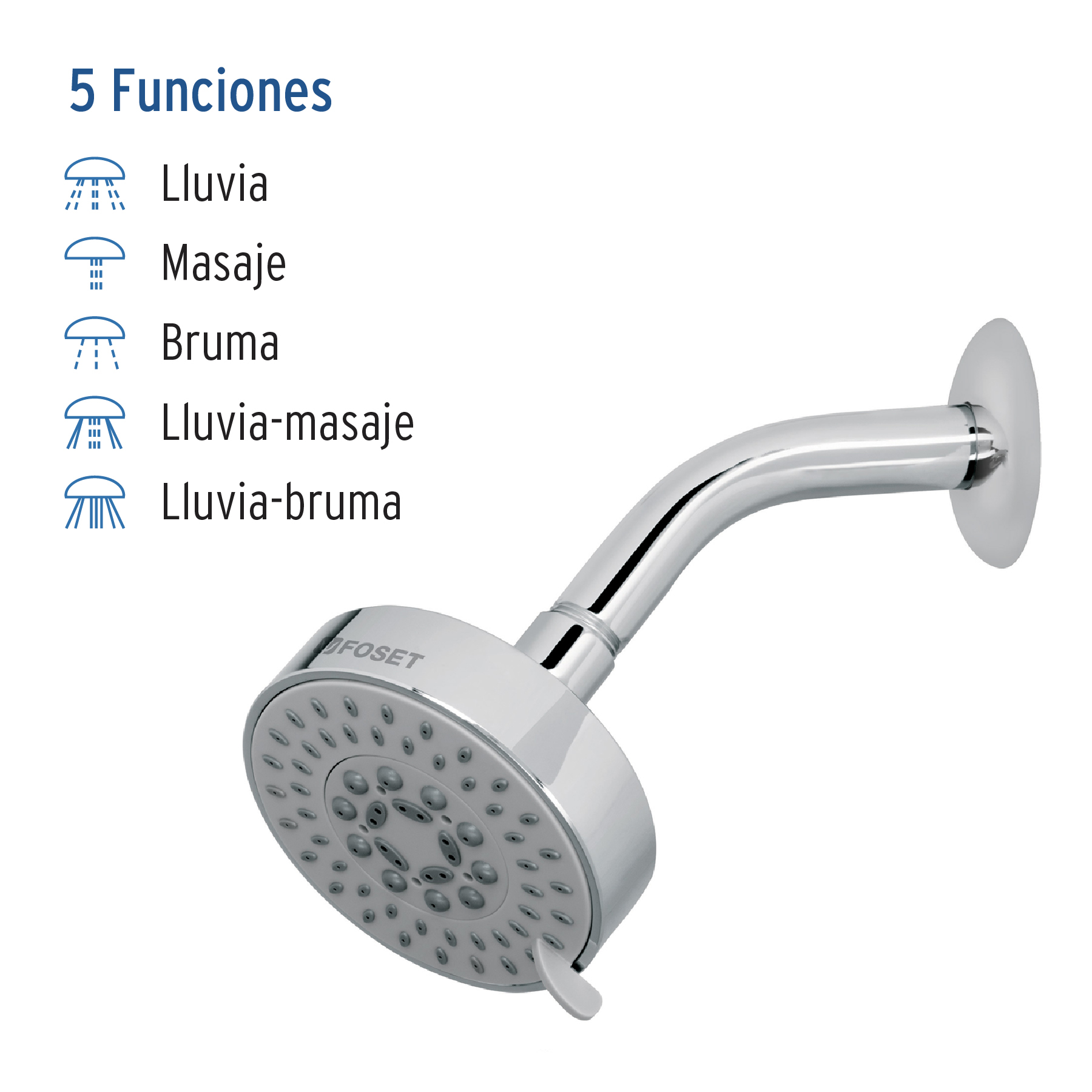 Regadera cromo 4'con 5 funciones, con brazo, FOSET ELEMENT - Imagen 3