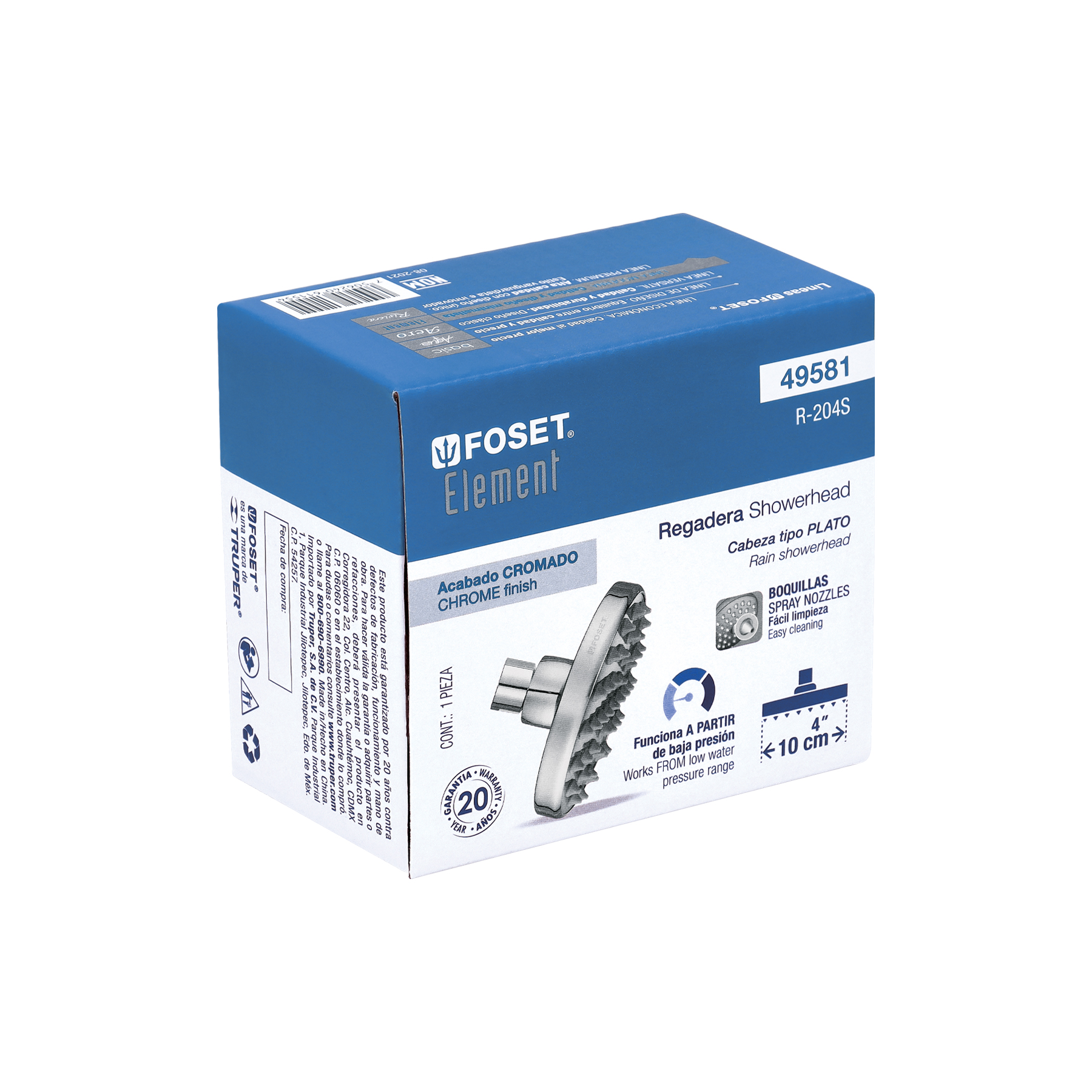Regadera cromo 4' plato redondo, sin brazo, FOSET ELEMENT - Imagen 8