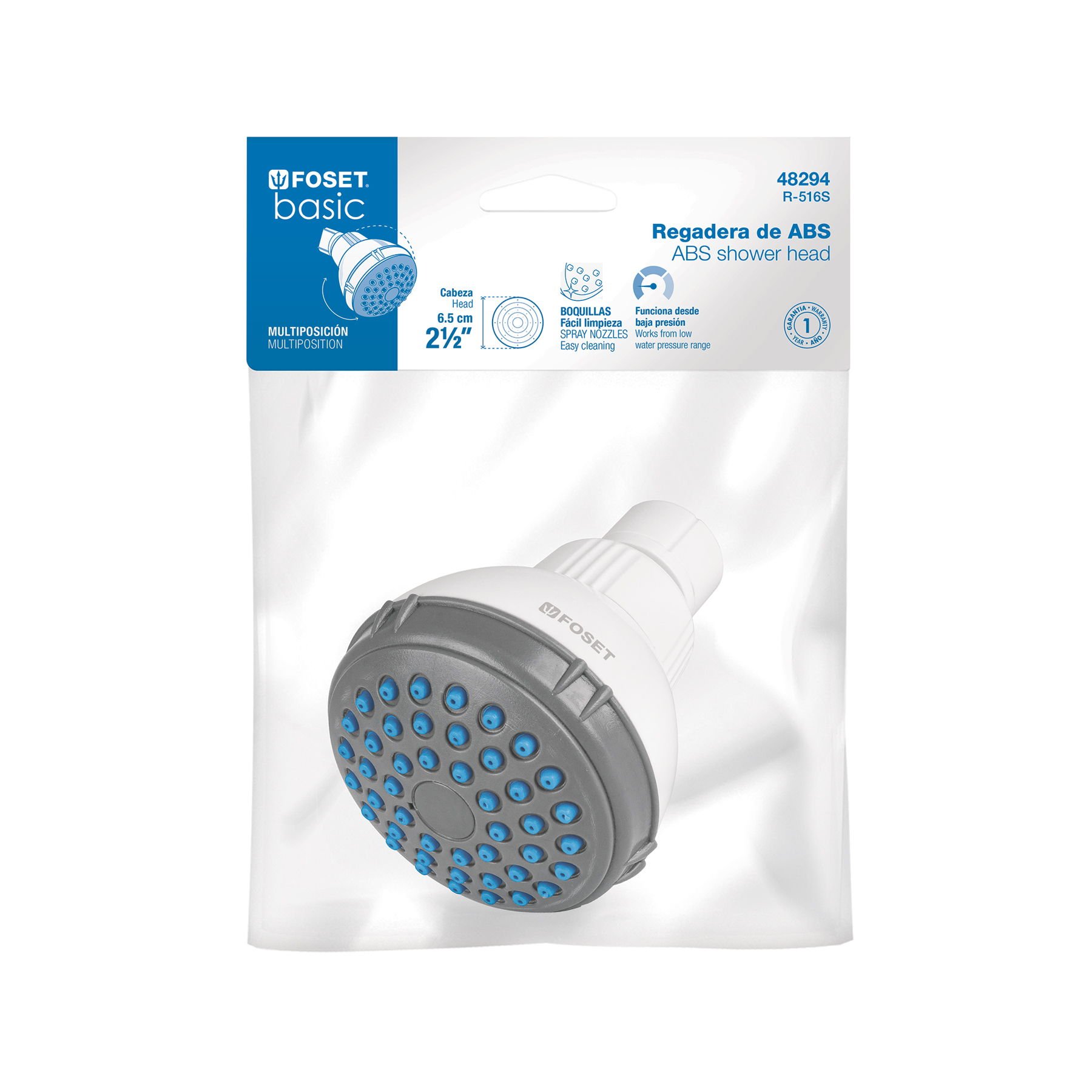 Regadera redonda de ABS 2-1/2' gris-blanca sin brazo, BASIC - Imagen 8