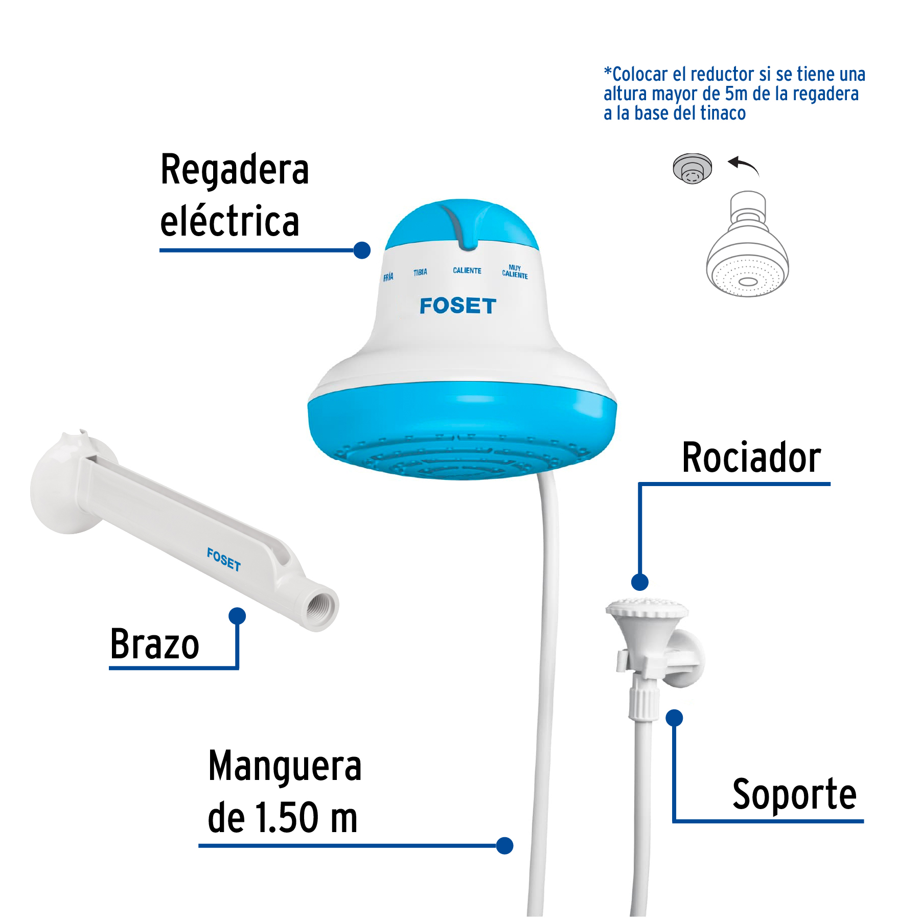 Regadera eléctrica, 4 temperaturas, 16.5cm, azul, FOSET - Imagen 3