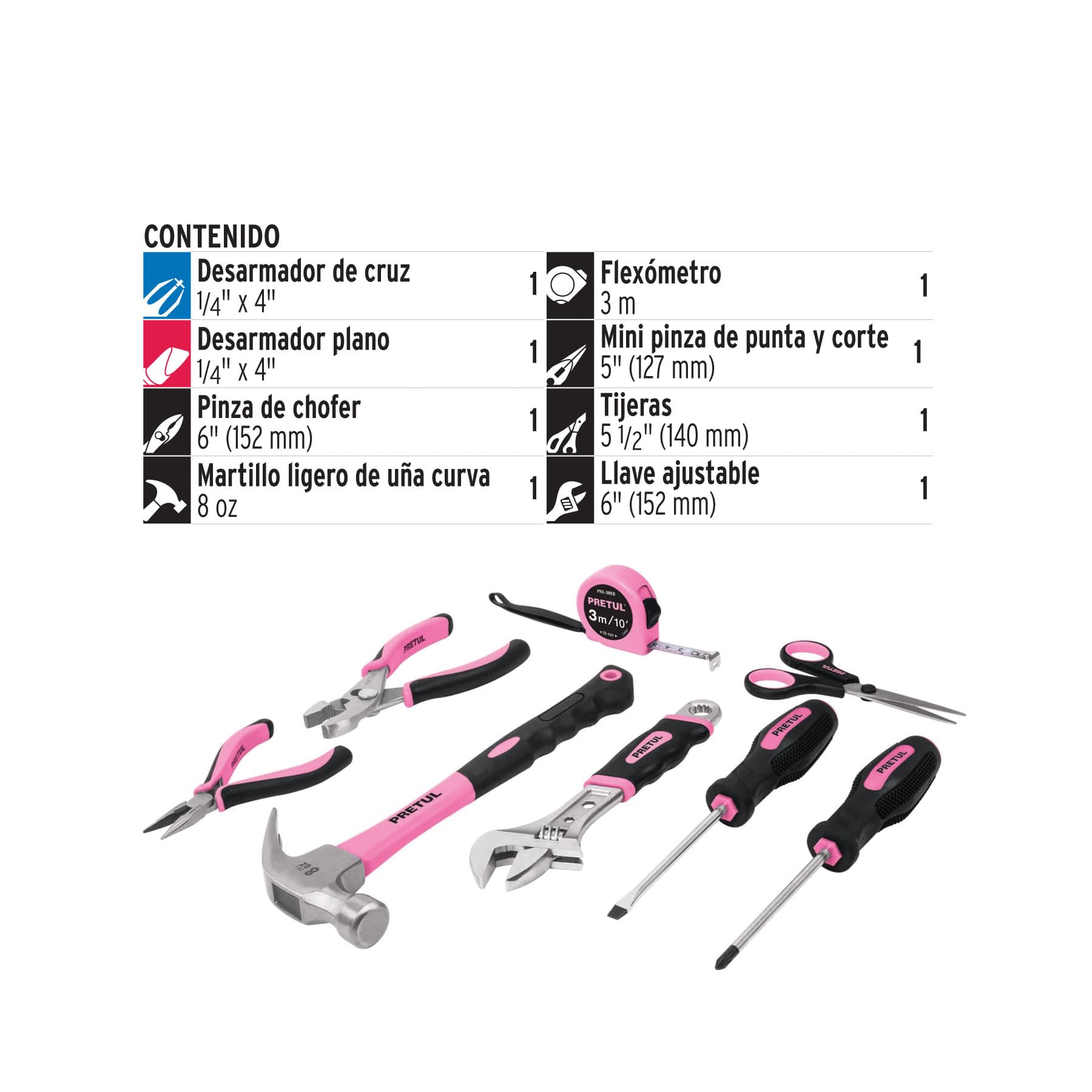 Juego de herramientas básicas, color rosa, 8 piezas, PRETUL - Imagen 3