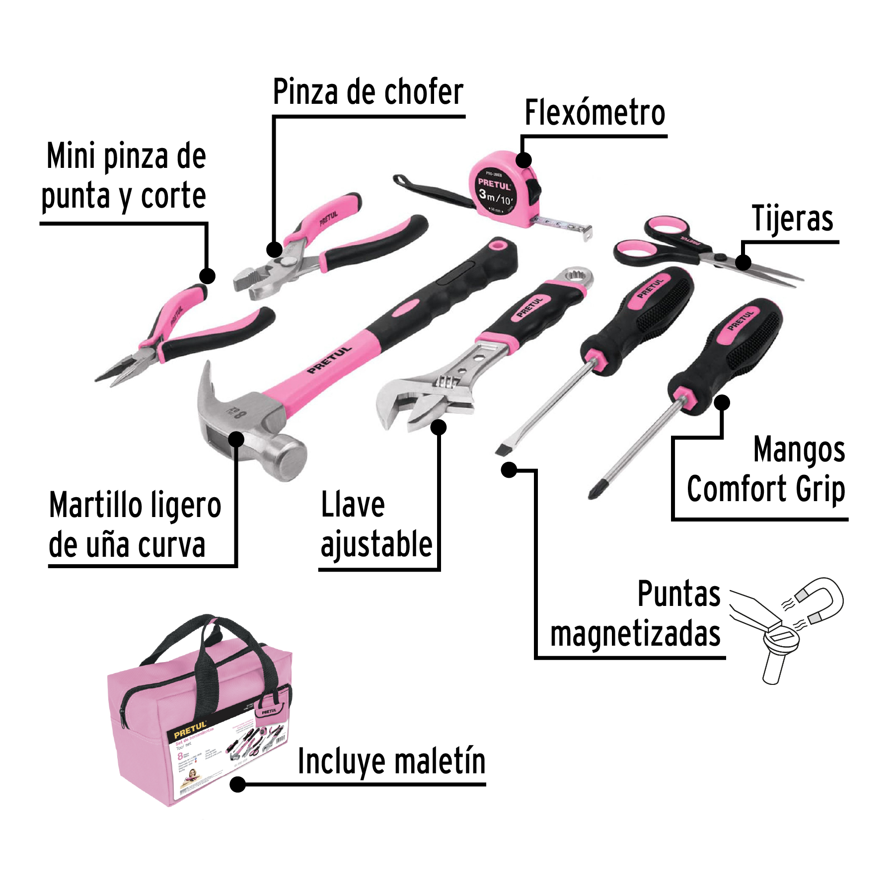 Juego de herramientas básicas, color rosa, 8 piezas, PRETUL - Imagen 4