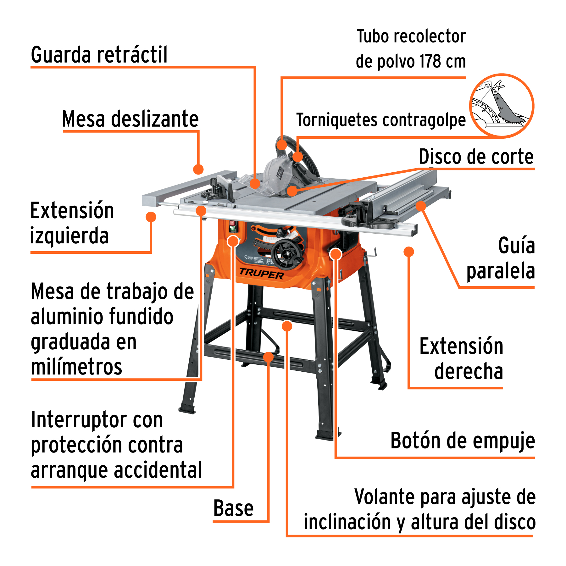 Sierra de mesa 10', 2-1/2 HP (1900 W), con base, TRUPER - Imagen 3