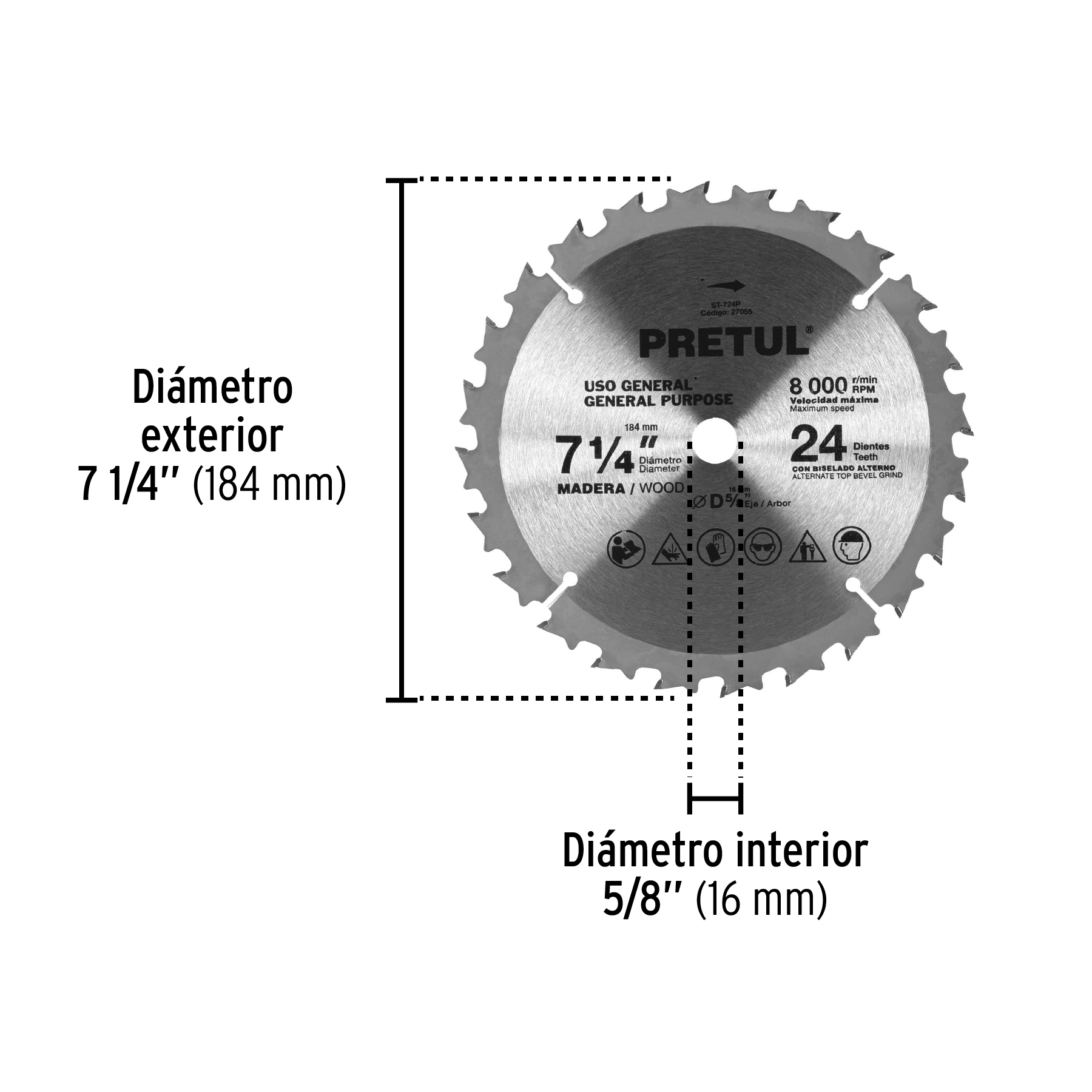 Disco sierra 7-1/4' p/madera, 24 dientes centro 5/8', PRETUL - Imagen 4