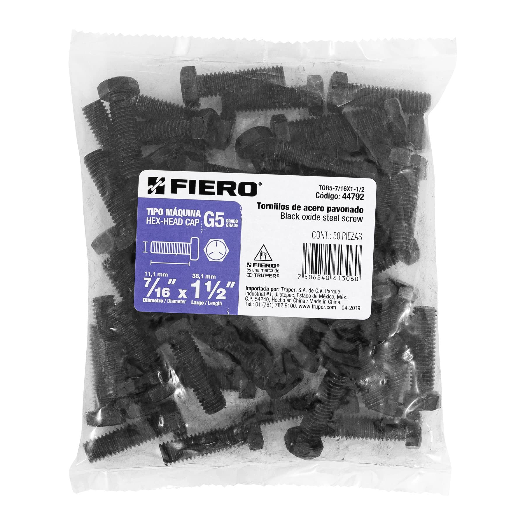 Bolsa con 50 tornillos 7/16' x 1-1/2' acero grado 5, FIERO - Imagen 5