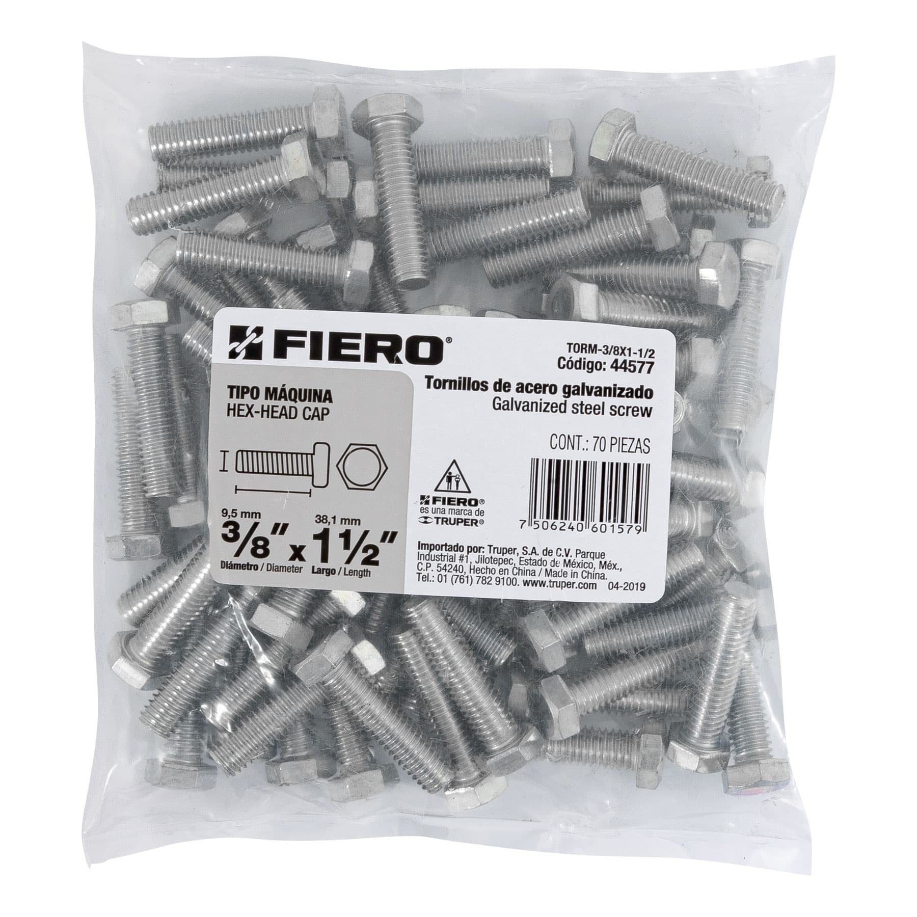 Bolsa con 70 tornillos 3/8' x 1-1/2' tipo máquina, FIERO - Imagen 5