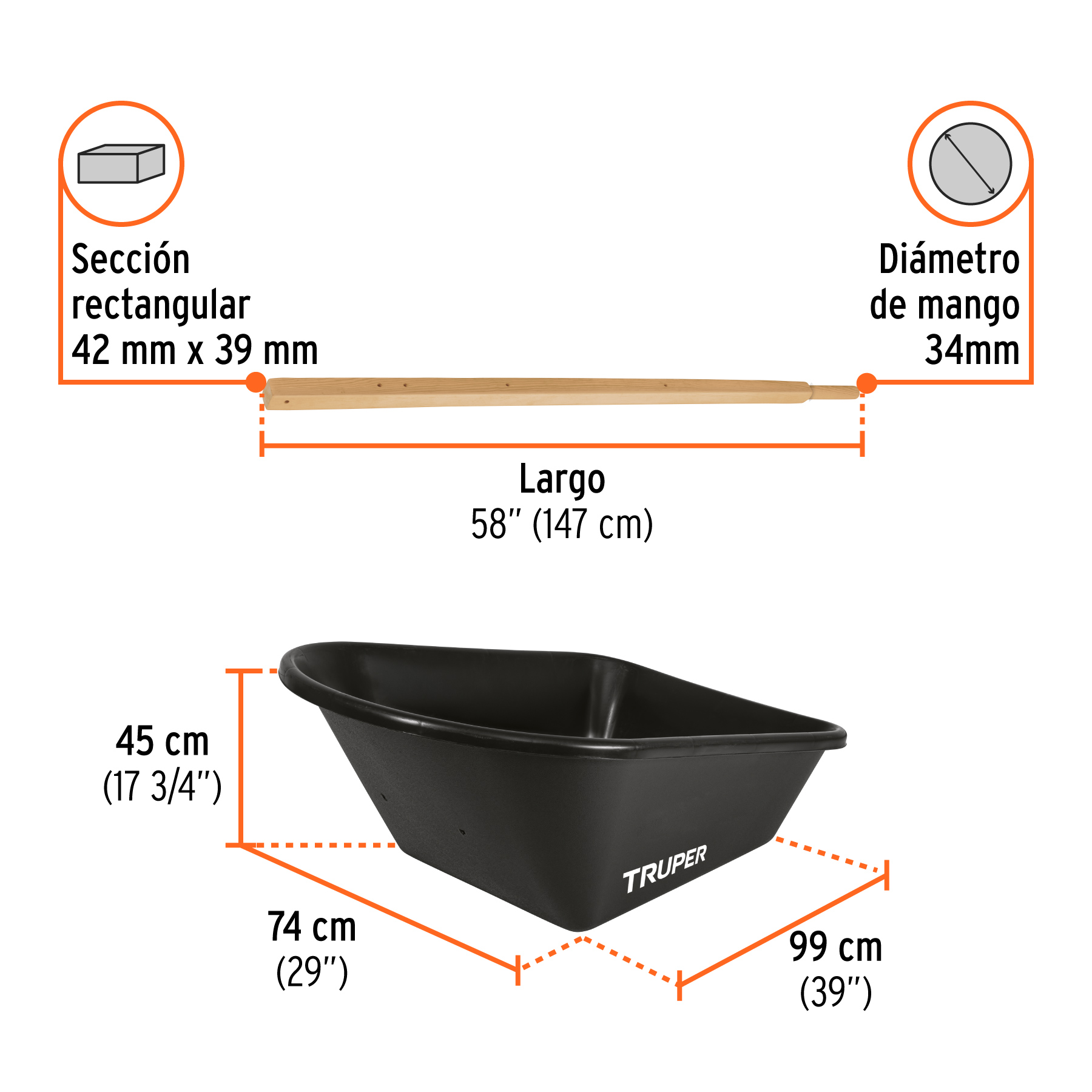 Carretilla concha plástica 6 ft3 Neumática b/madera, TRUPER - Imagen 4