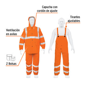 Conjunto impermeable doble capa naranja con reflejante, M - Imagen 3