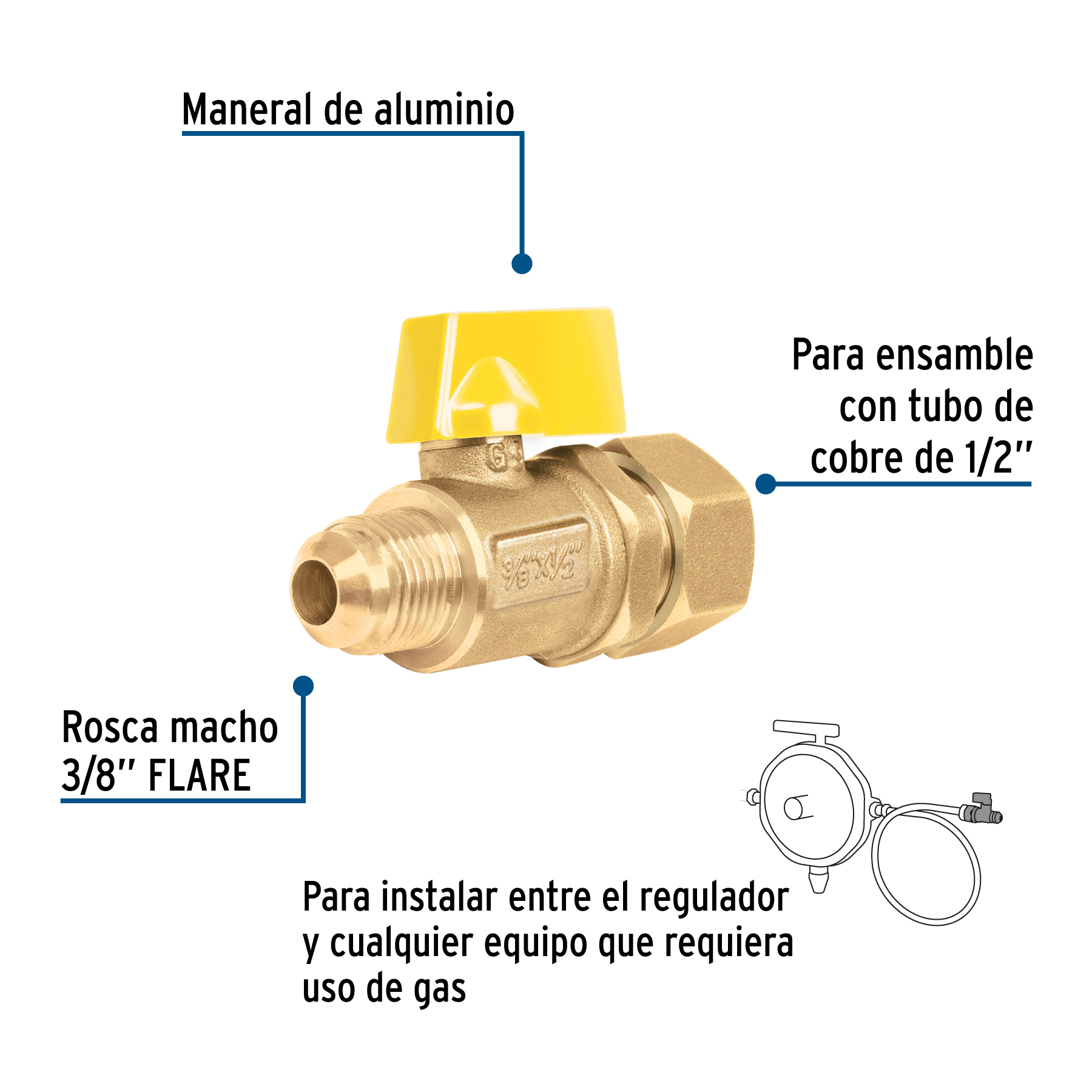 Válvula de control latón para gas 3/8'x1/2' tipo barrilito - Imagen 3
