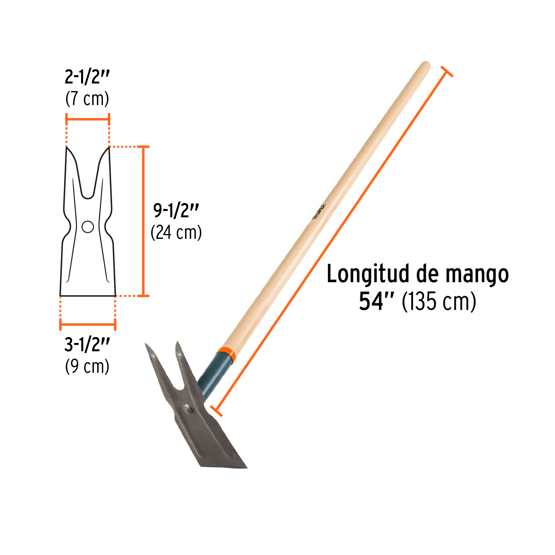 Azadón dos cuernos, mango de madera 54', TRUPER - Imagen 3