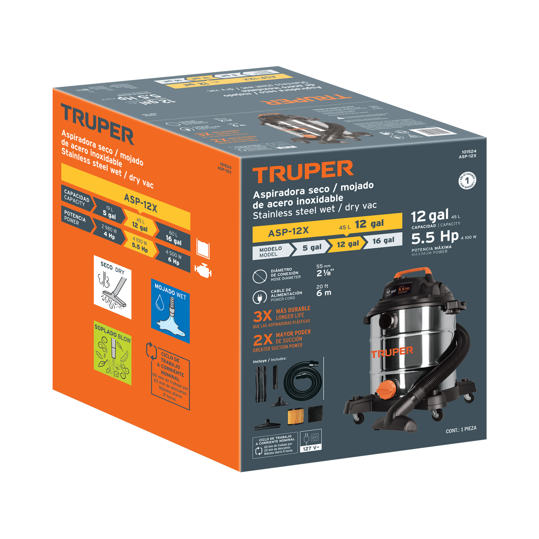 Aspiradora de sólidos y líquidos, 12 gal, acero inox, TRUPER - Imagen 3