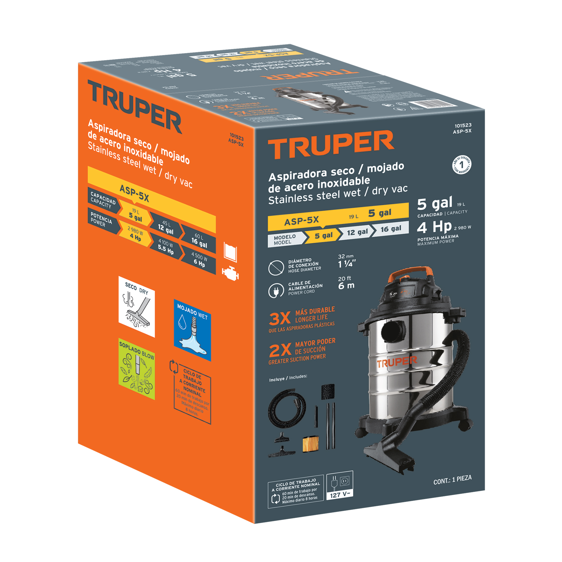Aspiradora de sólidos y líquidos, 5 gal, acero inox, TRUPER - Imagen 3