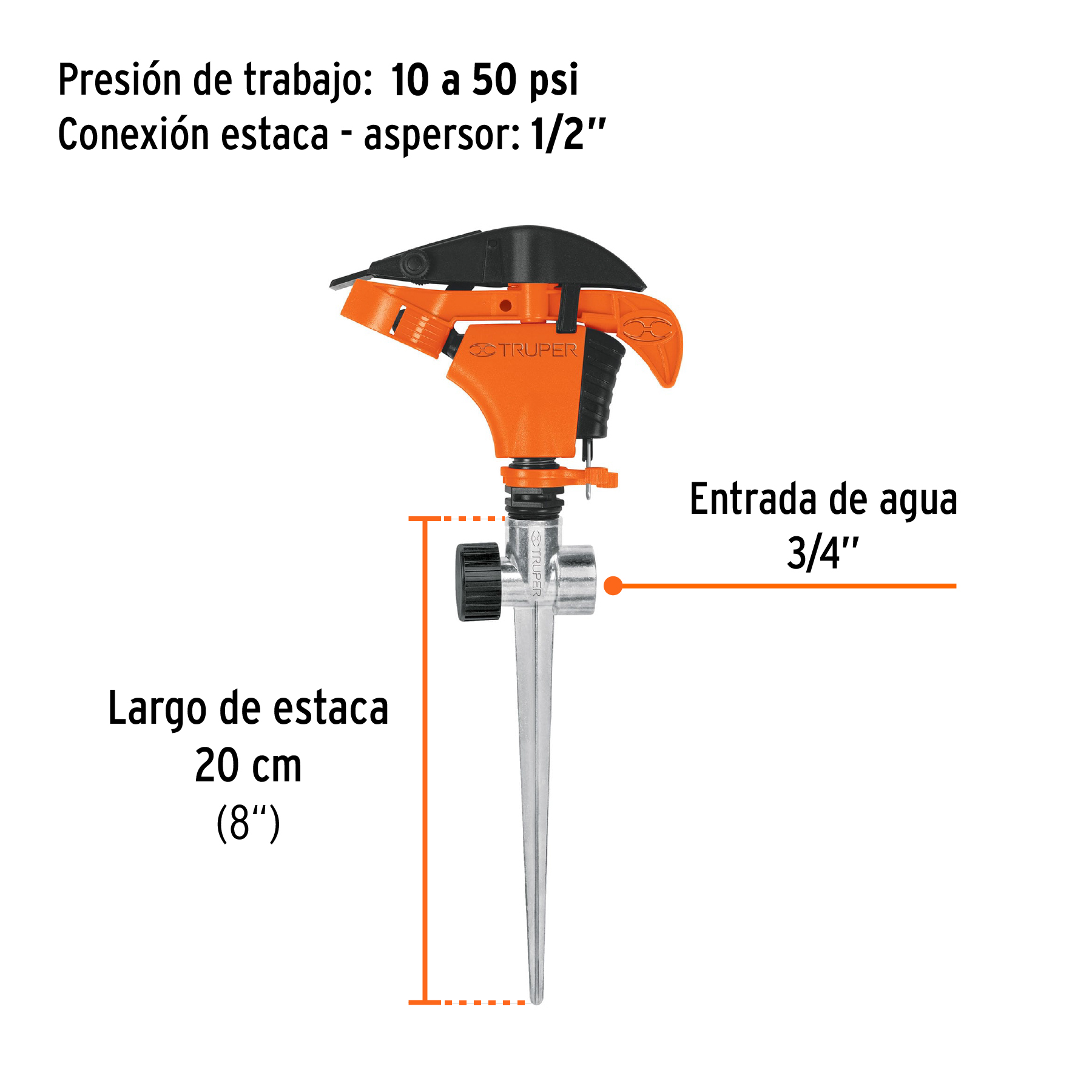 Aspersor plástico 11', dos vías, estaca metálica, TRUPER - Imagen 3