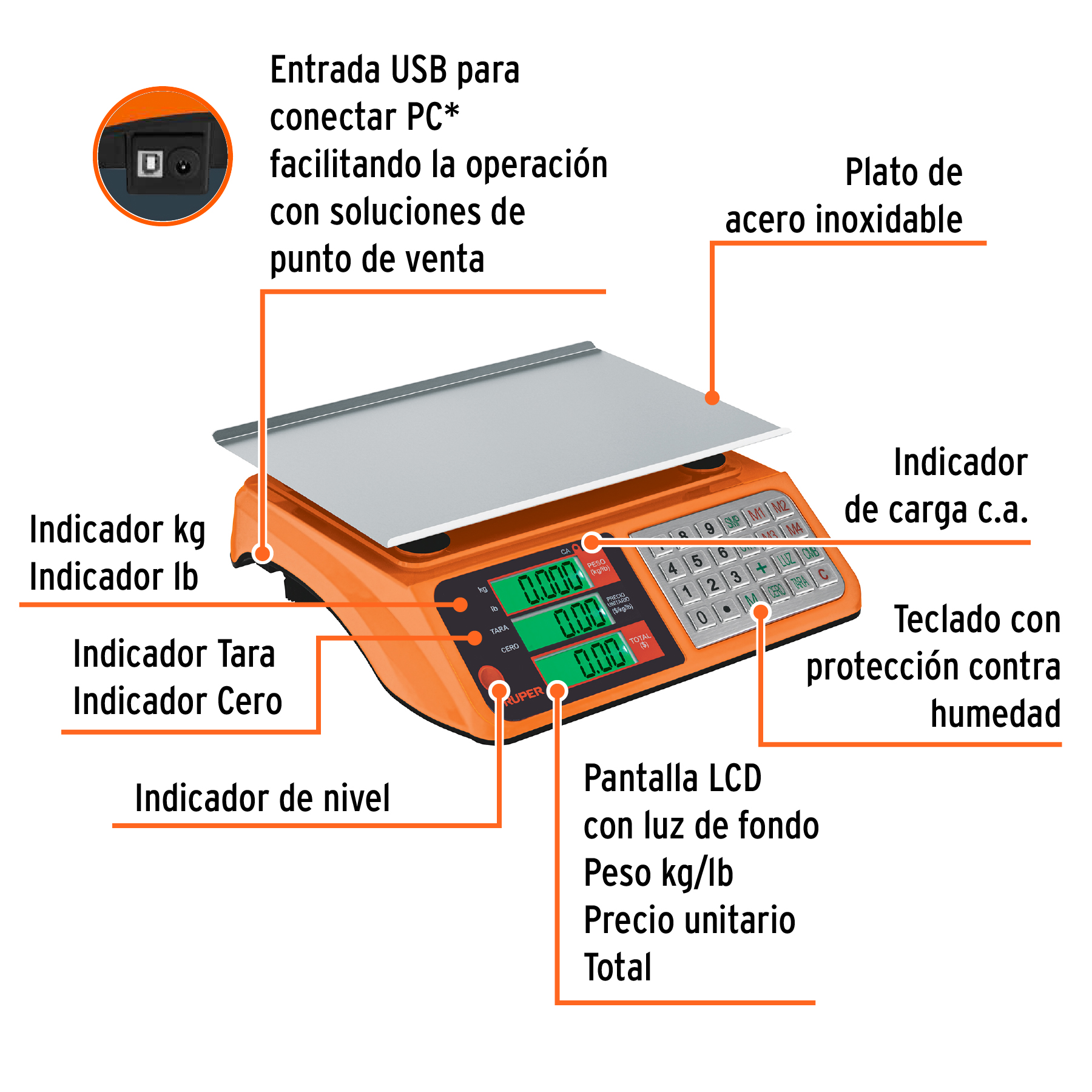 Báscula electrónica multifunciones 40 kg USB, TRUPER - Imagen 2