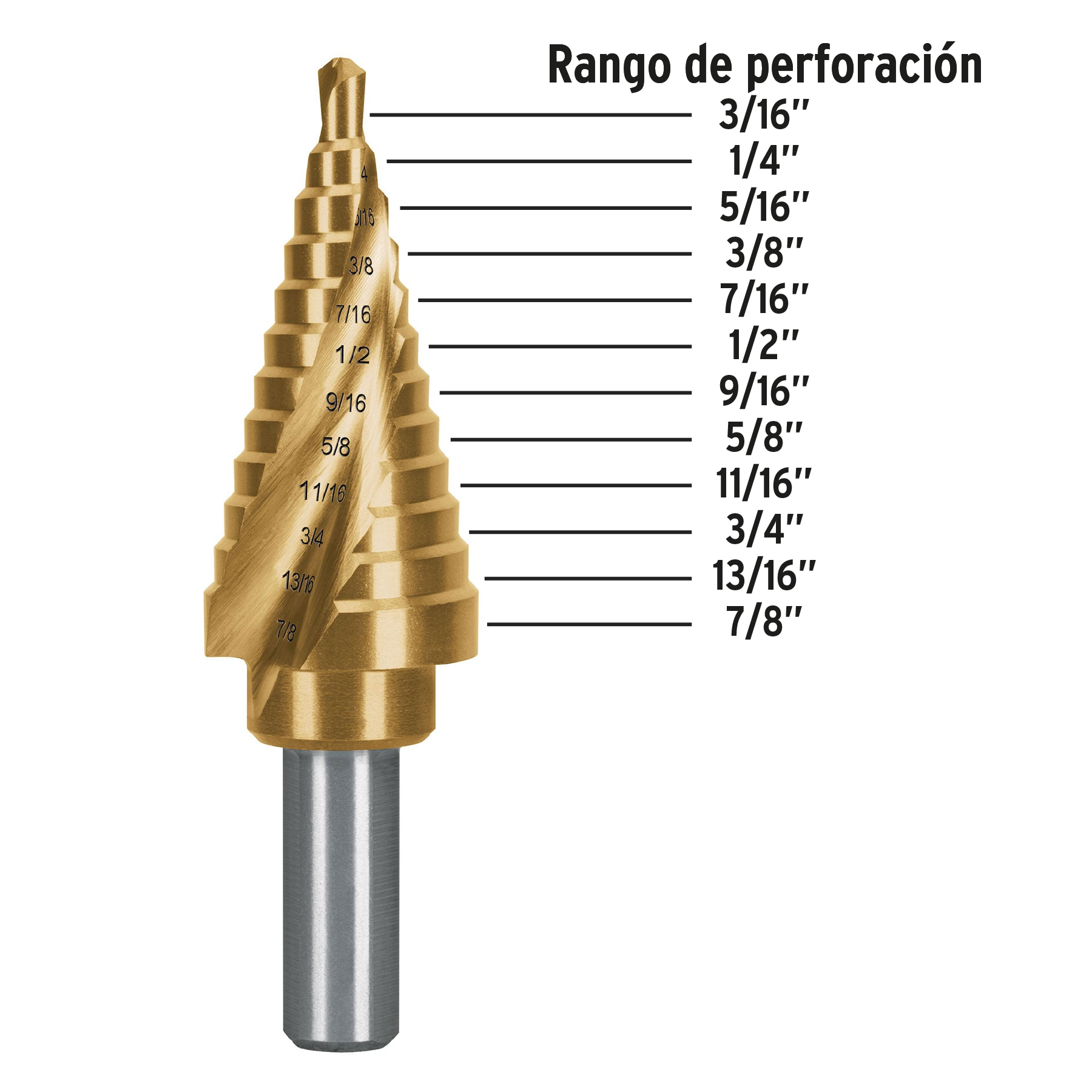 Broca escalonada titanio 12 escalones 3/16' a 7/8', EXPERT - Imagen 3