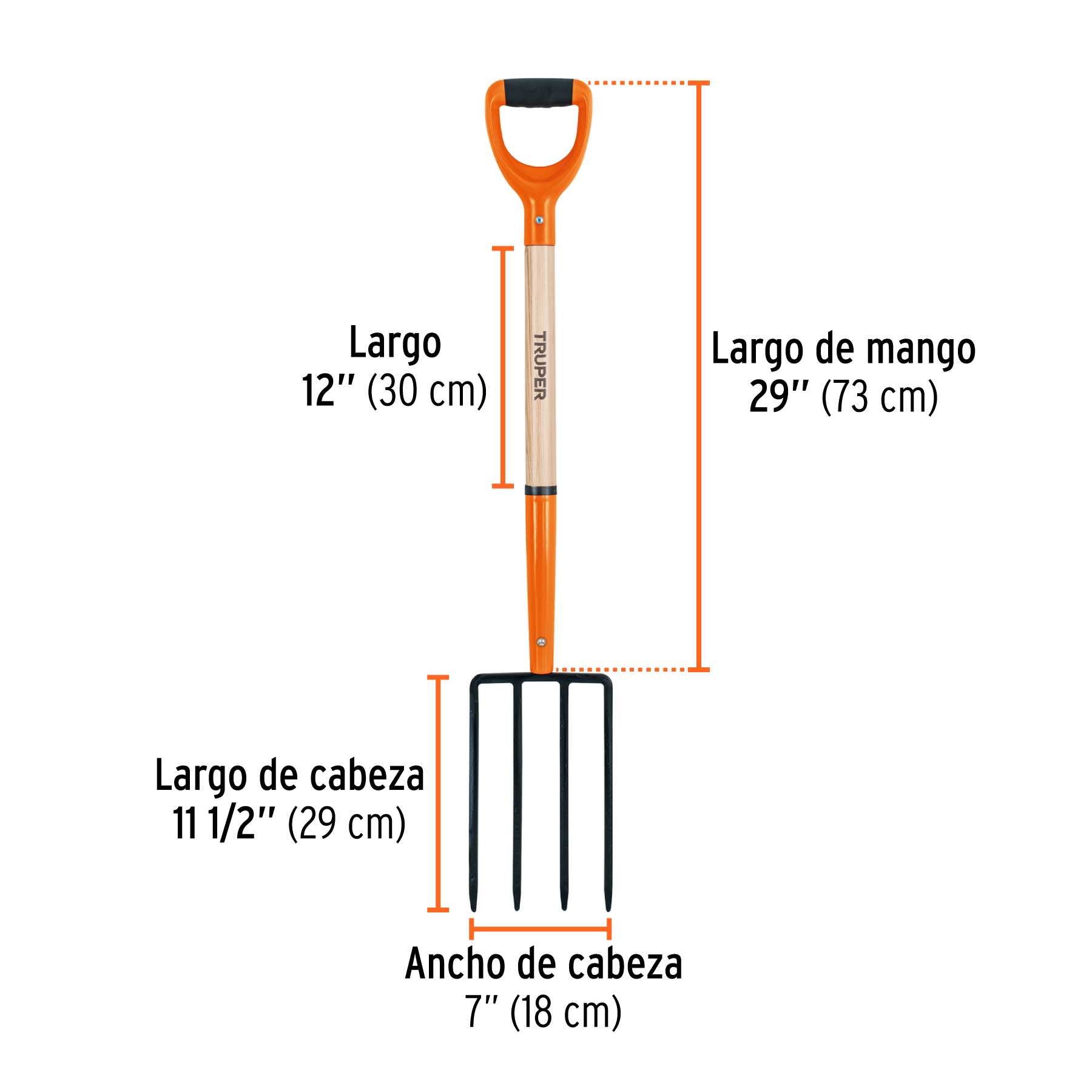 Bieldo para jardín, 4 dientes cuadrados, mango 29', puño 'Y' - Imagen 3