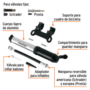 Mini bomba manual para bicicleta, abatible, 75 PSI, TRUPER - Imagen 4