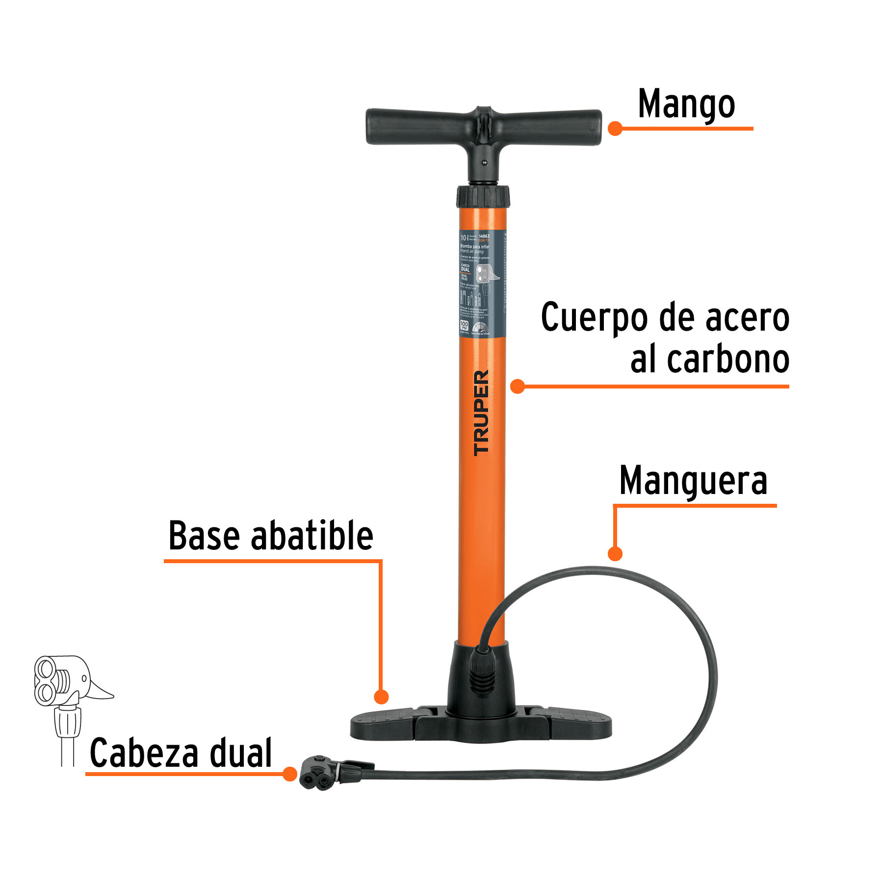 Bomba manual para inflar, 100 PSI, TRUPER - Imagen 2