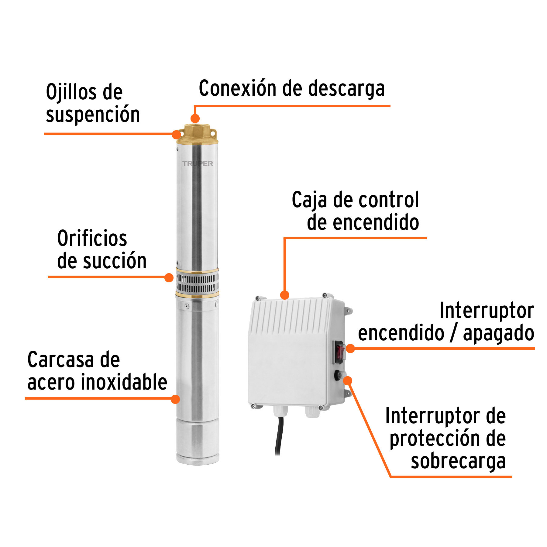 Bomba sumergible tipo bala 4', 1HP,uso agrícola, 220V,TRUPER - Imagen 2