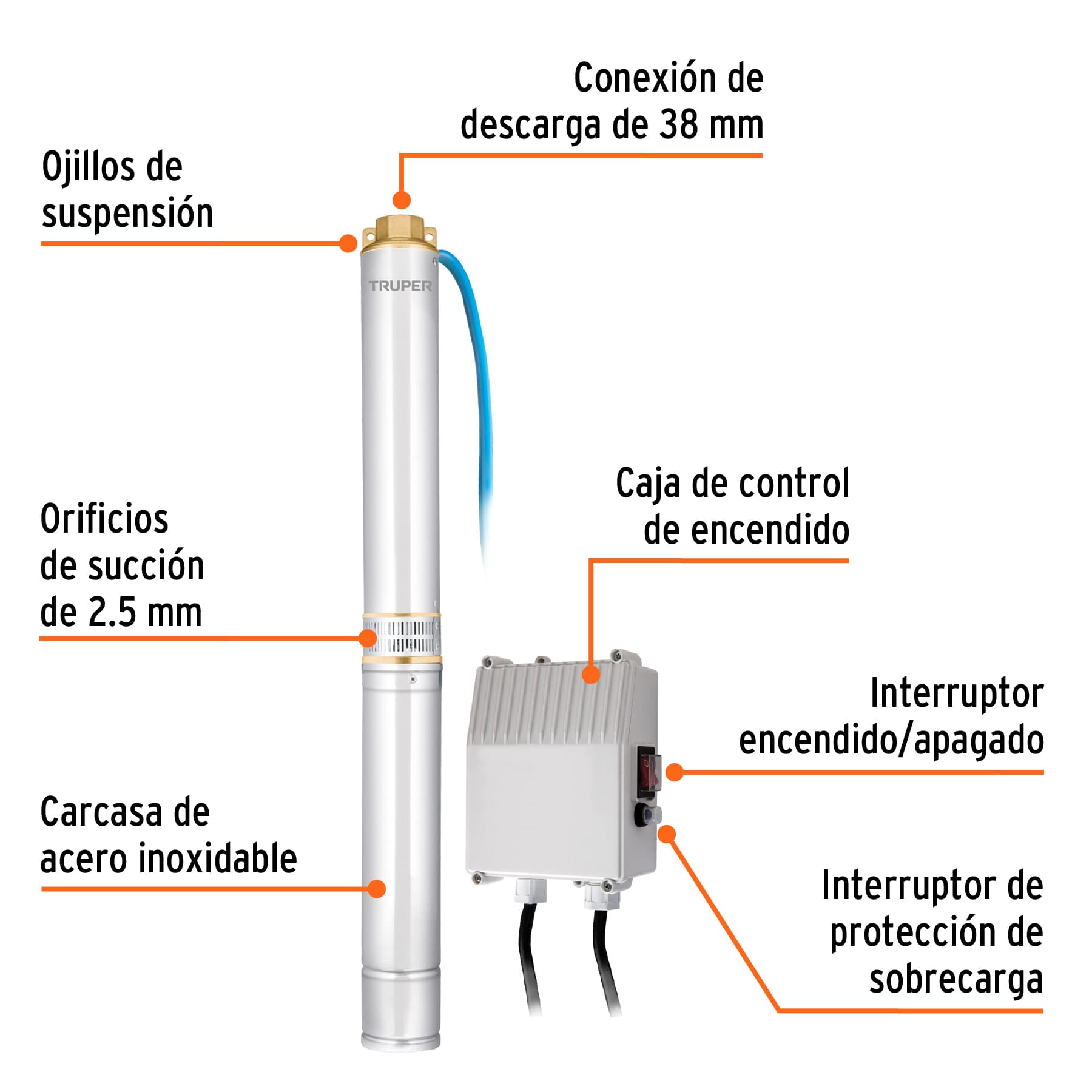 Bomba sumergible tipo bala 4', 2HP, uso agrícola, TRUPER - Imagen 2