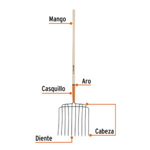Alternative view of Bieldo para estiércol, 10 dientes, mango 48', cabeza soldada