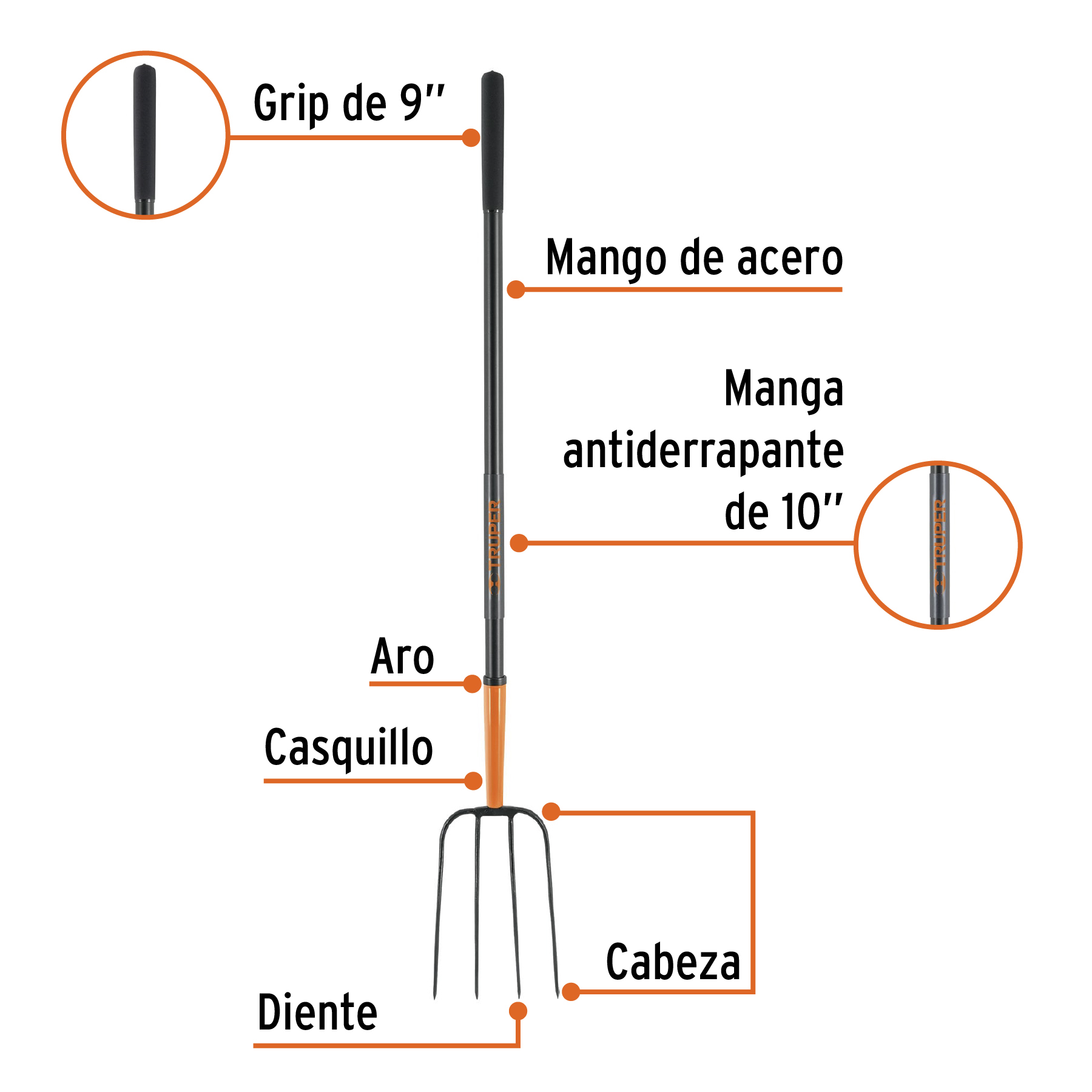Bieldo para paja, 4 dientes, mango largo de acero 48' TRUPER - Imagen 2