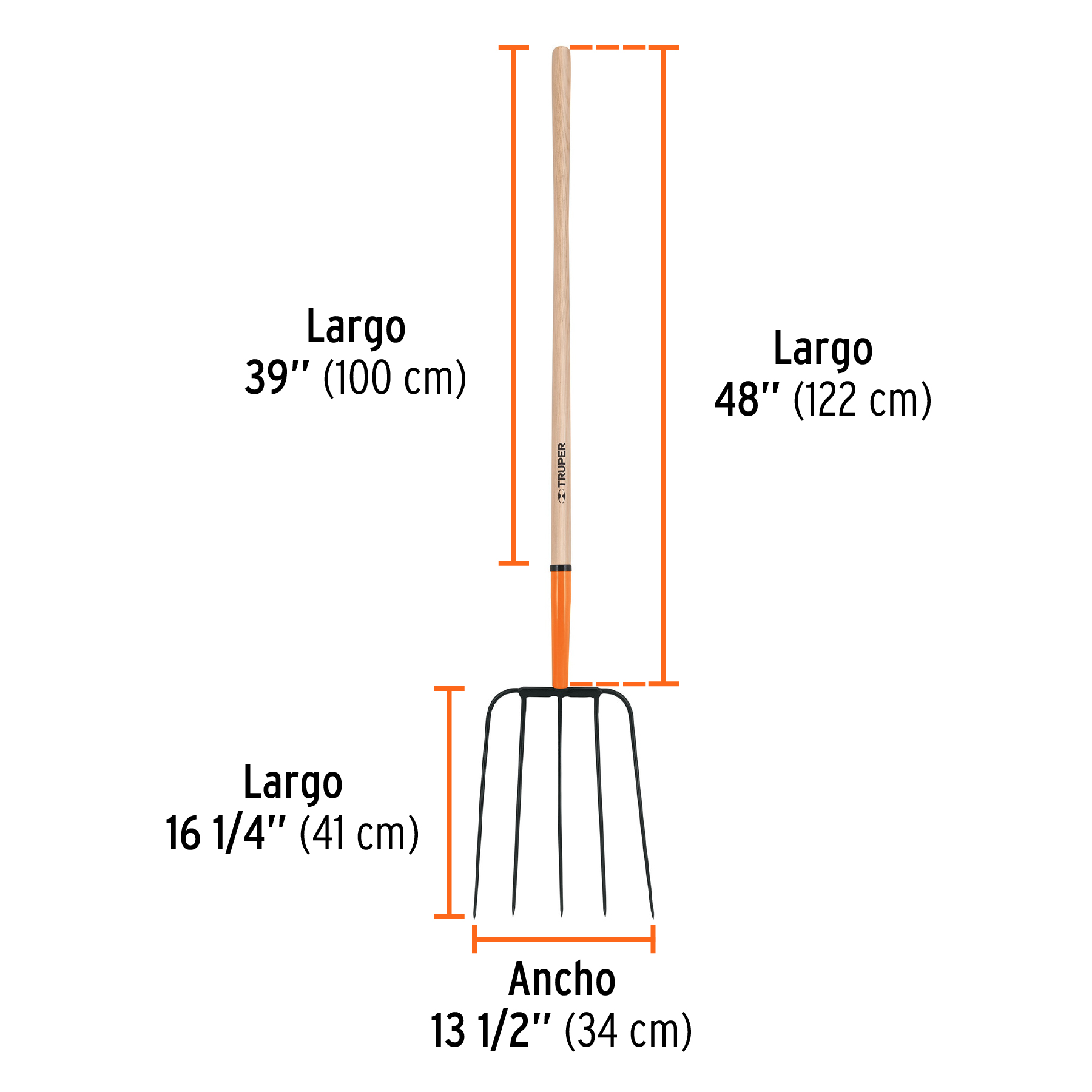 Bieldo para paja, 5 dientes, mango largo 48', cabeza grande - Imagen 3