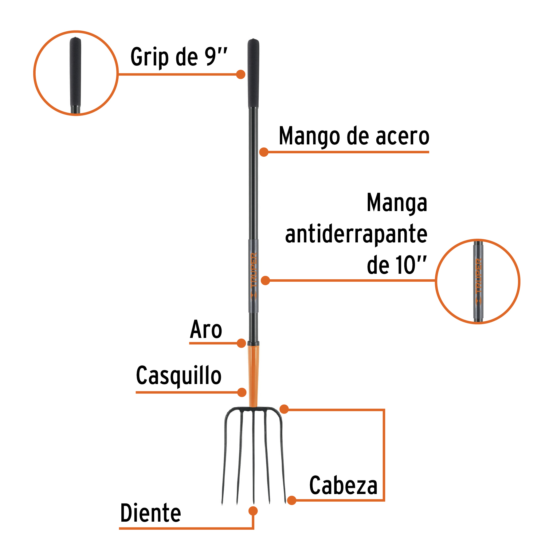 Bieldo para paja, 5 dientes, mango largo de acero 48' TRUPER - Imagen 2