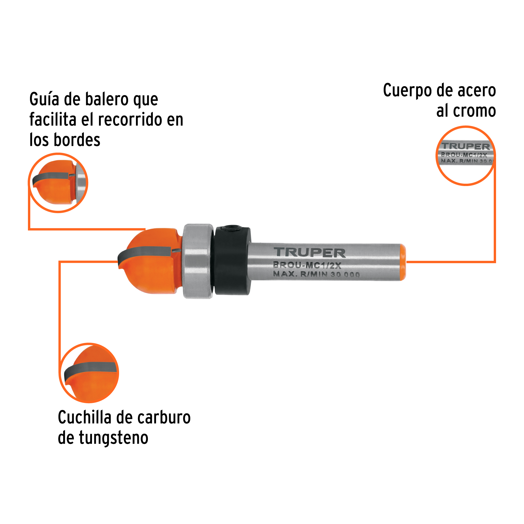 Broca para router, media caña, 1/2' con balero, TRUPER - Imagen 2