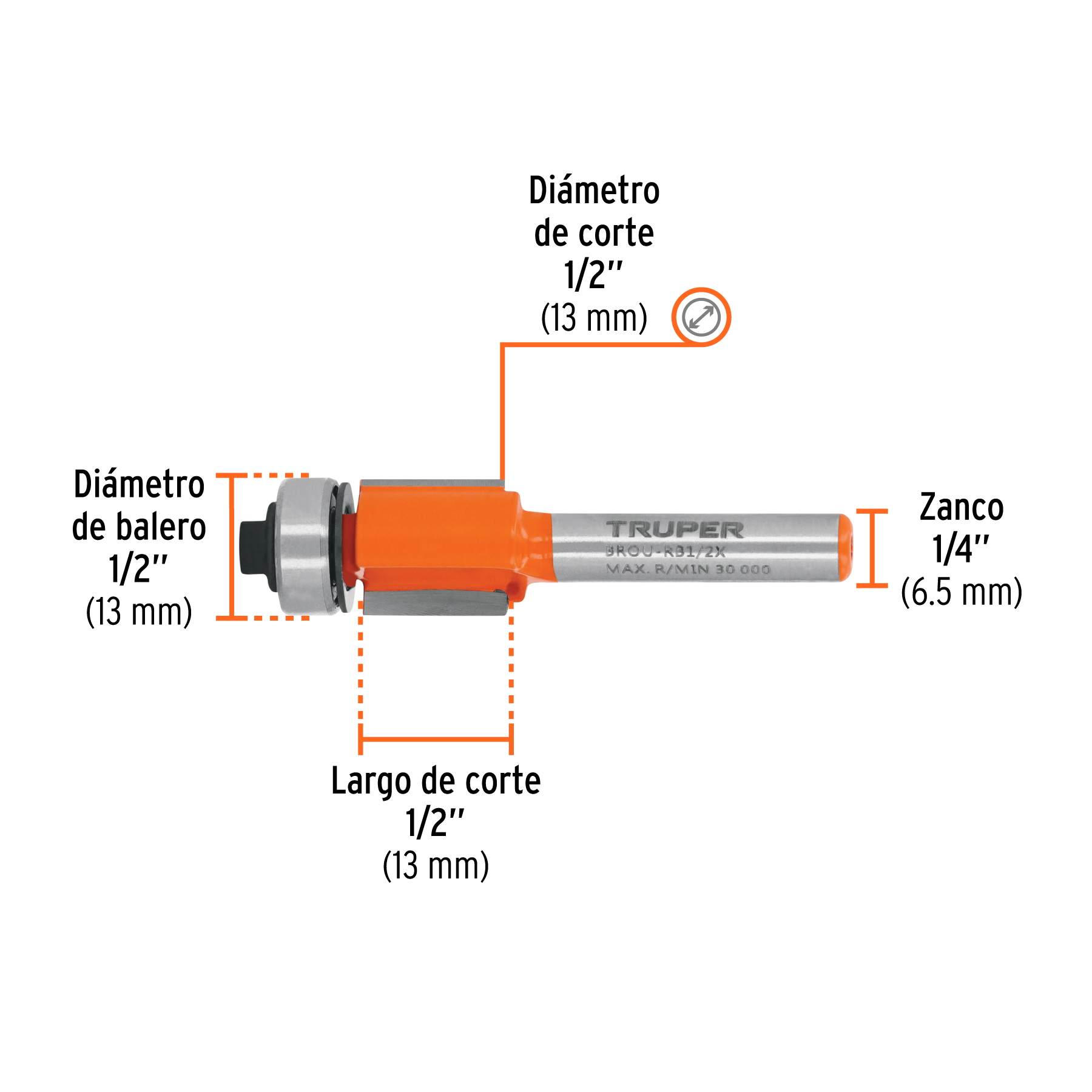 Broca para router, corte recto, 1/2' con balero, TRUPER - Imagen 3