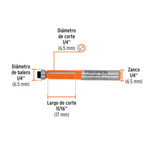 Broca para router, corte recto, 1/4' con balero, TRUPER - Imagen 3