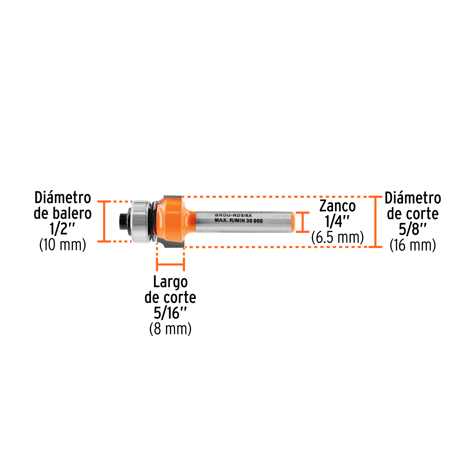 Broca para router, redondeado, 5/8' con balero, TRUPER - Imagen 3