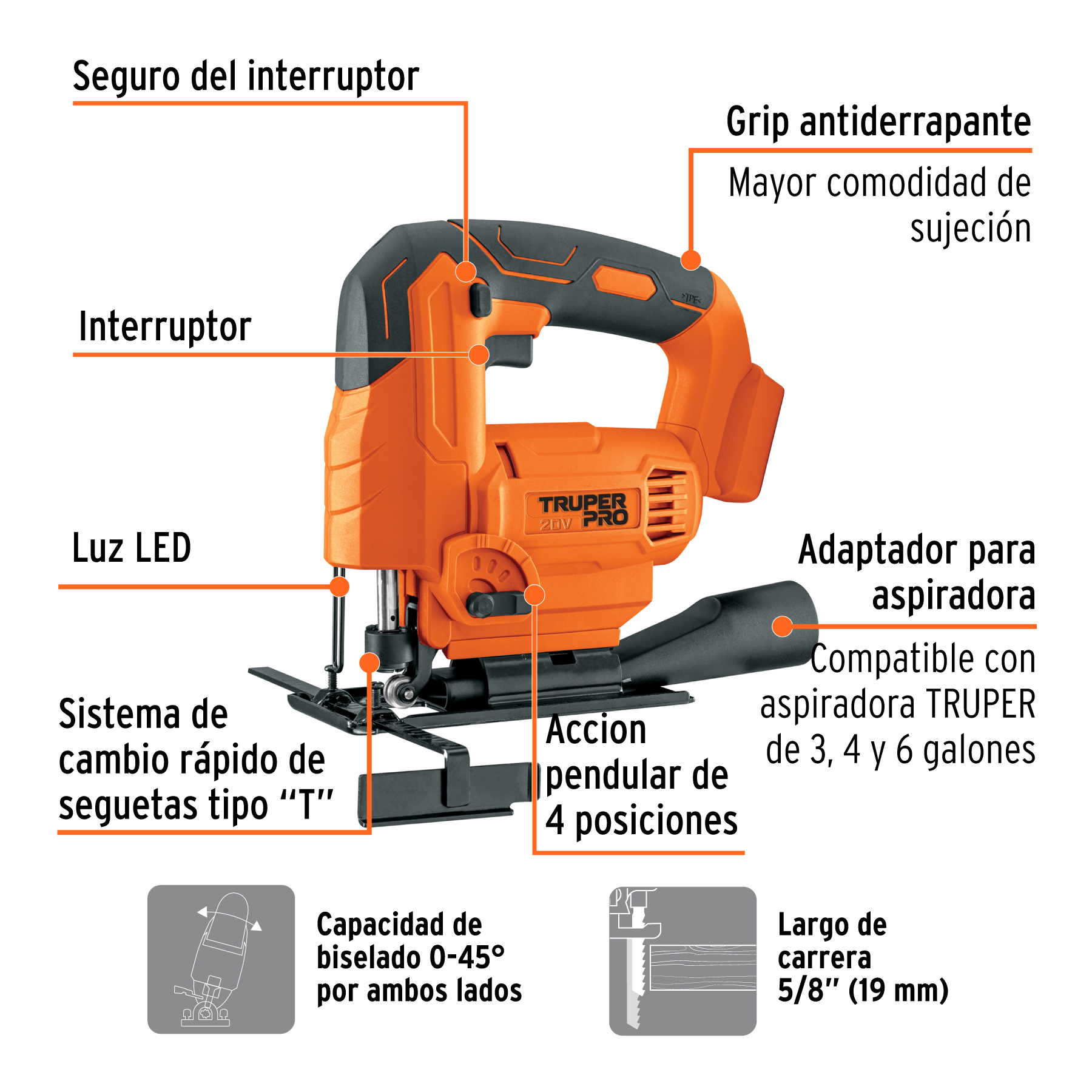 Sierra caladora 20V, sin accesorios, TRUPER PRO - Imagen 2