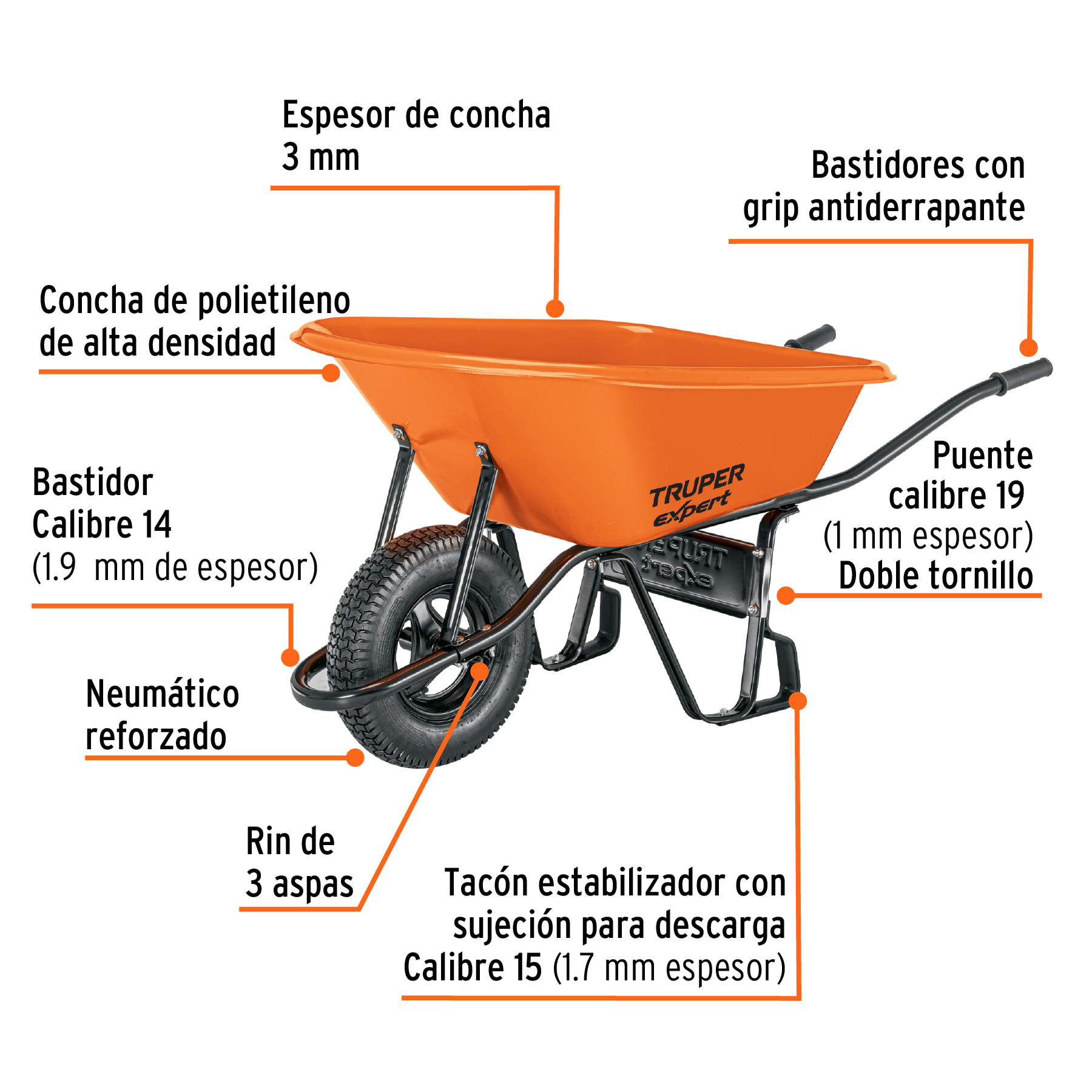 Carretilla 6ft3 EXPERT plástica, neumática, bastidor tubular - Imagen 2
