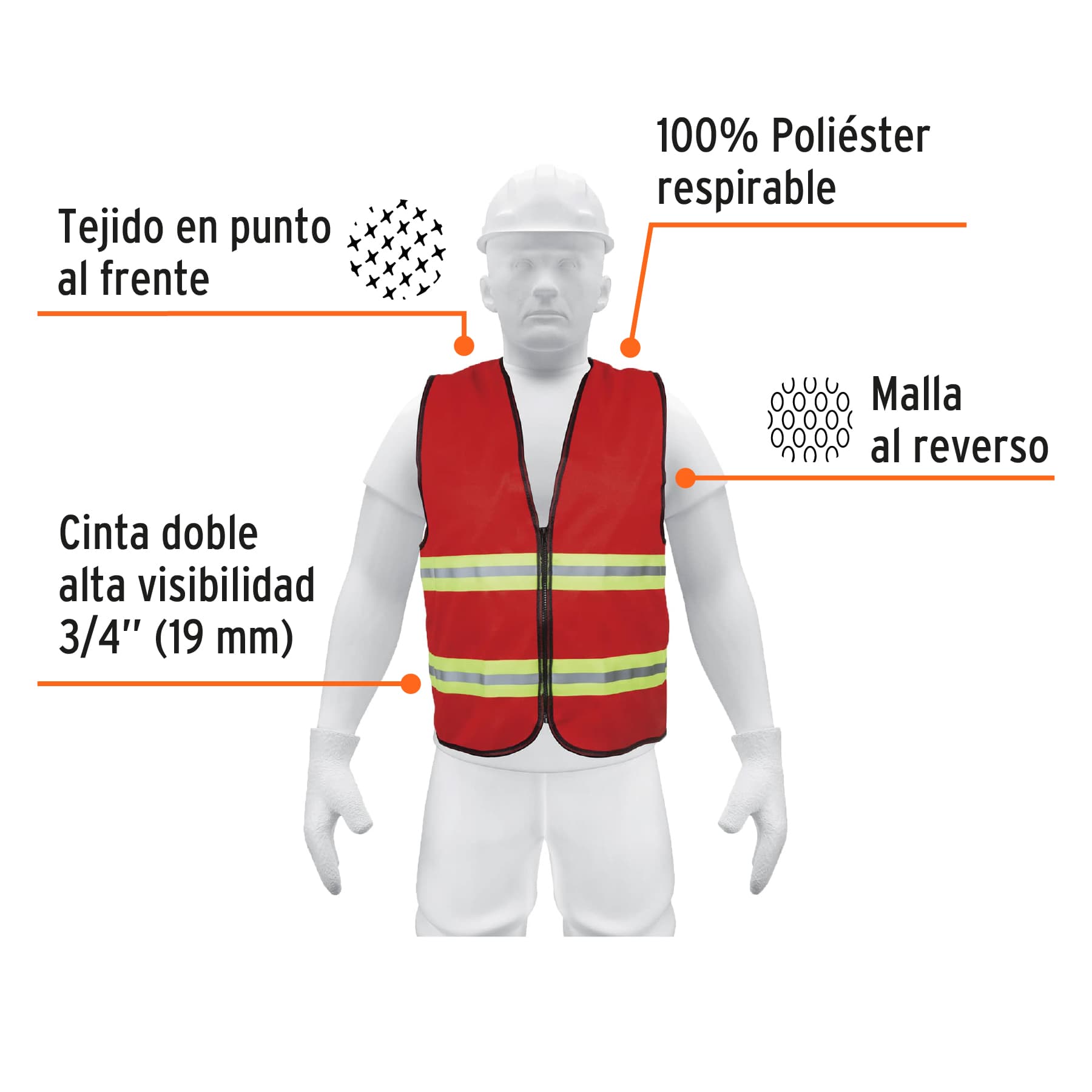 Chaleco de seguridad rojo alta visibilidad con cierre - Imagen 2