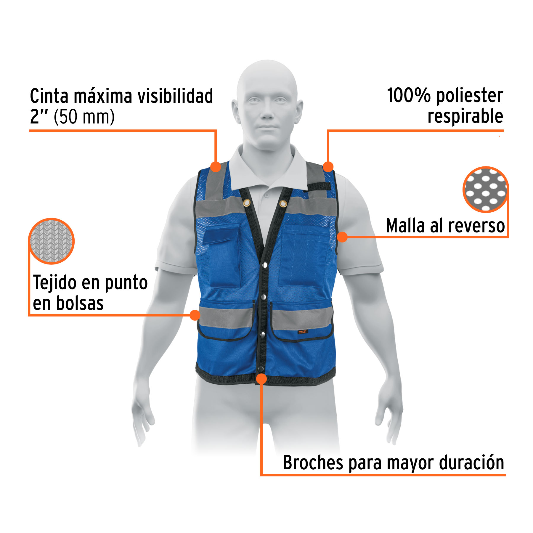 Chaleco seguridad reforzado azul con bolsas, G, EXPERT - Imagen 2