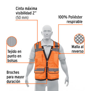 Alternative view of Chaleco seguridad reforzado naranja con bolsas, G, EXPERT