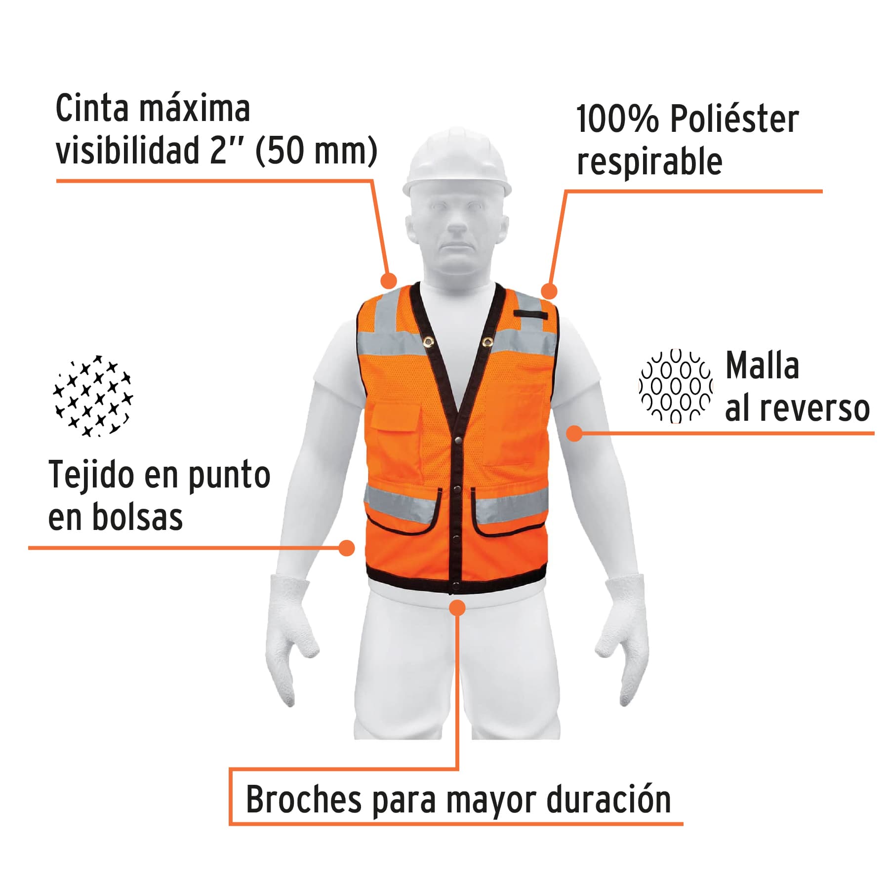 Chaleco seguridad reforzado naranja con bolsas, EG, EXPERT - Imagen 2